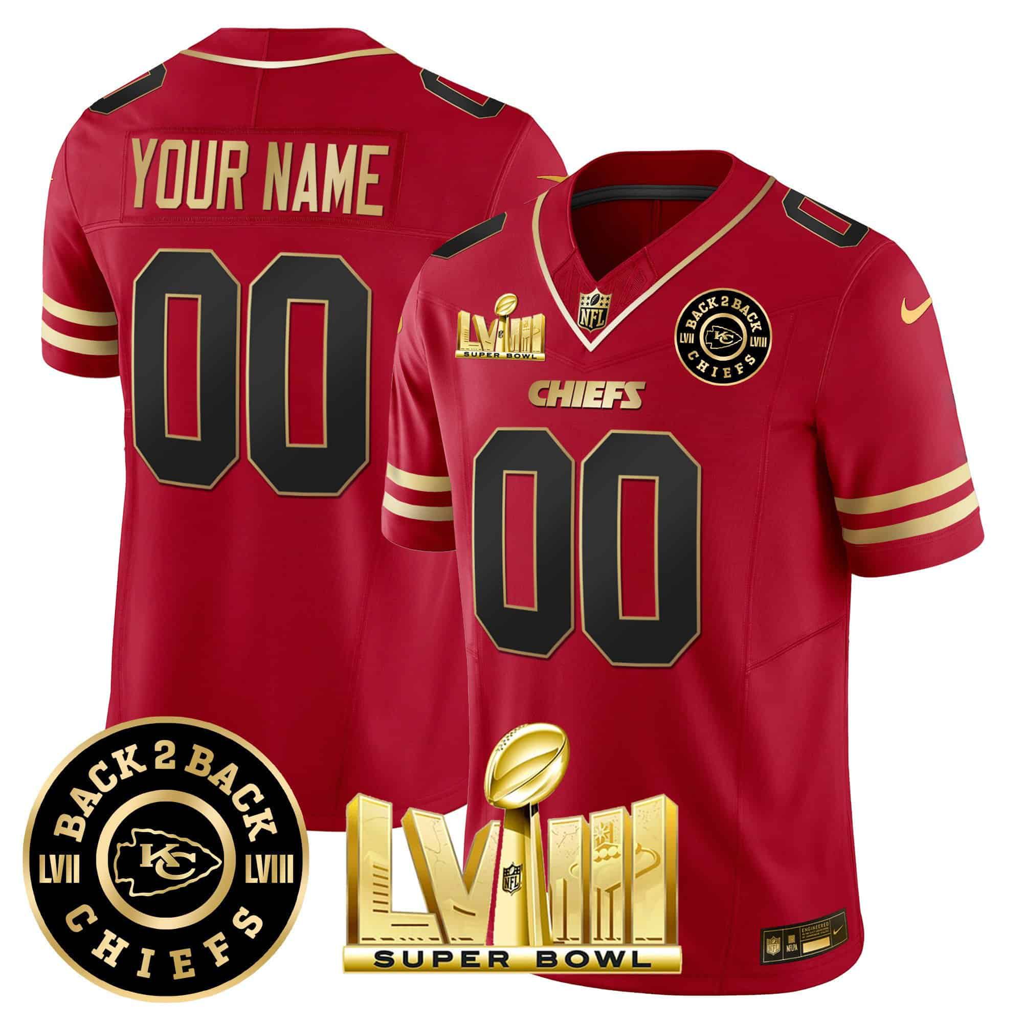 Men Kansas City Chiefs Red 2024 Nike Super Bowl LVIII & Back-2-Back Patch Vapor Custom NFL Jersey style 1